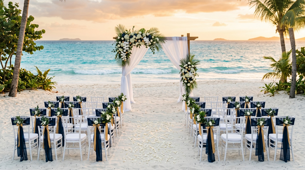 Beachfront wedding ceremony arch on a Caribbean all-inclusive resort at sunset